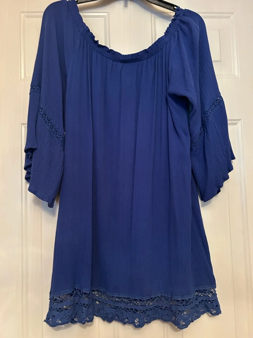Flying Tomato Crochet Hem Peasant Dress L Blue Lace Relaxed Loose Bell Sleeve